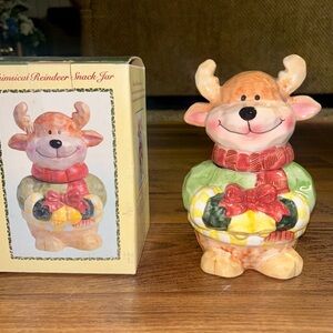 International Bazaar • Ceramic Whimsical Reindeer Snack Jar • New W/Box